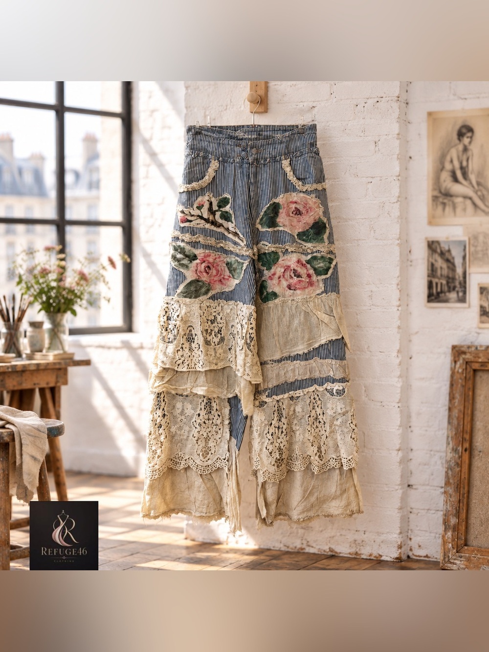 NWT A RARE BIRD Bohemian Vintage Rose Ticking High Waist Lace Denim Blue Stripe - Picture 8 of 16
